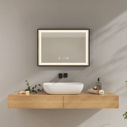 Miroir LED Salle De Bain 70x50cm Cadre Noir Tactile Anti Buée Horloge Température Lumière Neutre