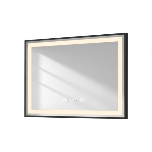 Miroir LED Salle De Bain 70x50cm Cadre Noir Tactile Anti Buée Horloge Température Lumière Neutre
