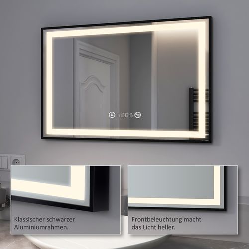 Miroir LED Salle De Bain 70x50cm Cadre Noir Tactile Anti Buée Horloge Température Lumière Neutre