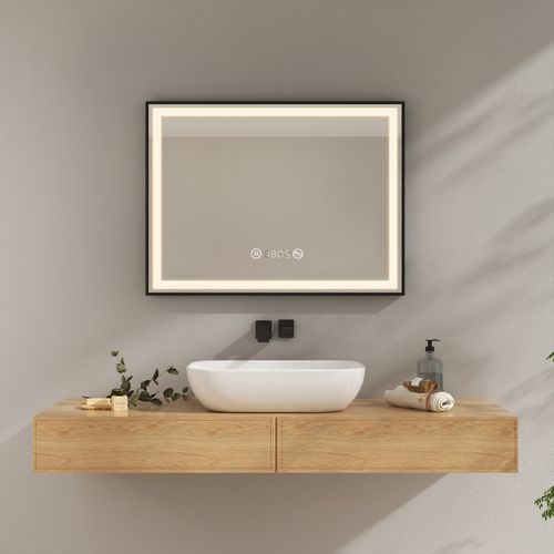 Miroir LED Salle De Bain 80x60cm Cadre Noir Tactile Anti Buée Horloge Température Lumière Neutre