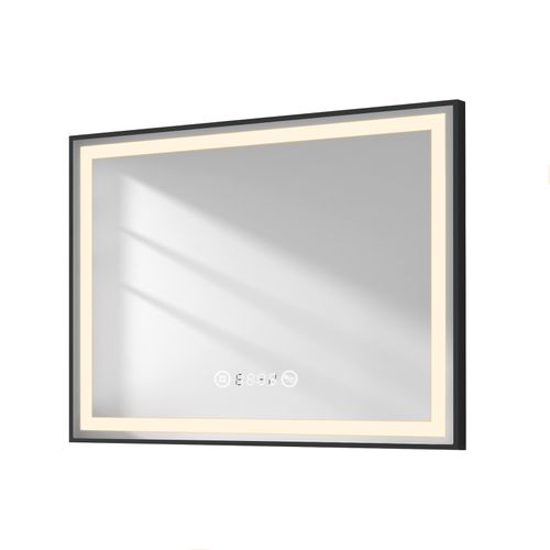 Miroir LED Salle De Bain 80x60cm Cadre Noir Tactile Anti Buée Horloge Température Lumière Neutre