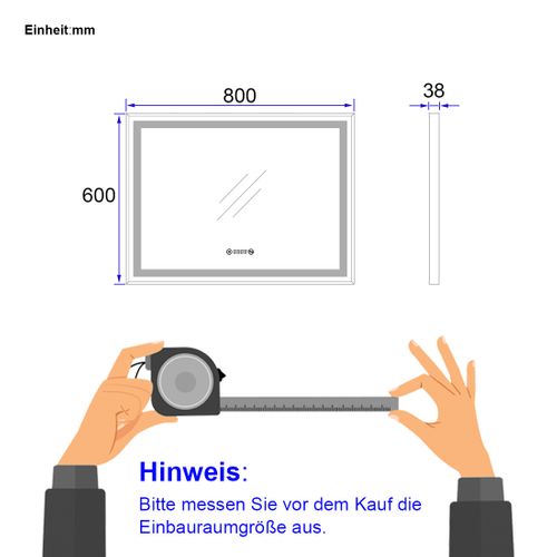 Miroir LED Salle De Bain 80x60cm Cadre Noir Tactile Anti Buée Horloge Température Lumière Neutre