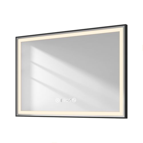 Miroir LED Salle De Bain 100x70cm Cadre Noir Tactile Anti Buée Horloge Température Lumière Neutre