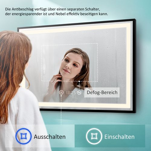 Miroir LED Salle De Bain 100x70cm Cadre Noir Tactile Anti Buée Horloge Température Lumière Neutre
