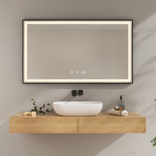 Miroir LED Salle De Bain 120x70cm Cadre Noir Tactile Anti Buée Horloge Température Lumière Neutre