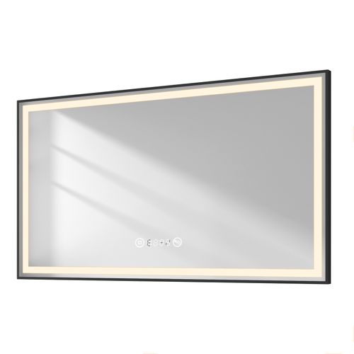 Miroir LED Salle De Bain 120x70cm Cadre Noir Tactile Anti Buée Horloge Température Lumière Neutre