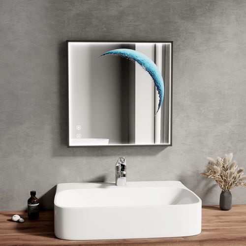 Miroir LED Salle De Bain Carré 50x50cm Cadre Noir Tactile Anti Buée Lumière Blanche Froide