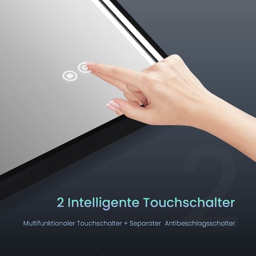 Miroir LED Salle De Bain Carré 50x50cm Cadre Noir Tactile Anti Buée Lumière Blanche Froide