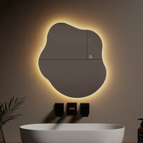 Miroir LED Salle De Bain Sans Cadre 50x45cm Tactile Anti Buée Design 3 Couleurs Forme Artistique