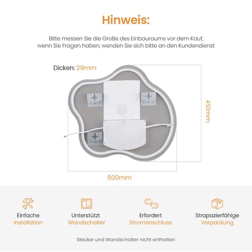 Miroir LED Salle De Bain Sans Cadre 50x45cm Tactile Anti Buée Design 3 Couleurs Forme Artistique