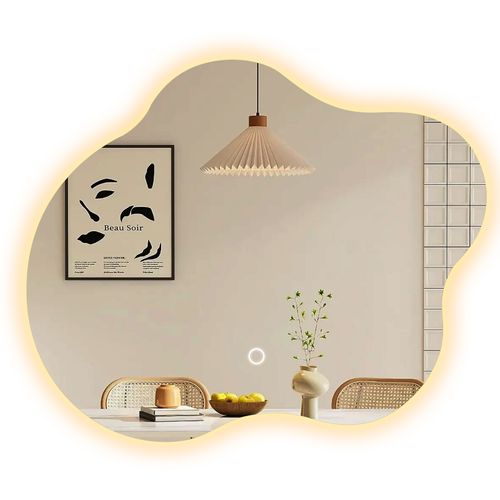 Miroir LED Salle De Bain Sans Cadre 60x50cm Tactile Anti Buée Design 3 Couleurs Forme Artistique