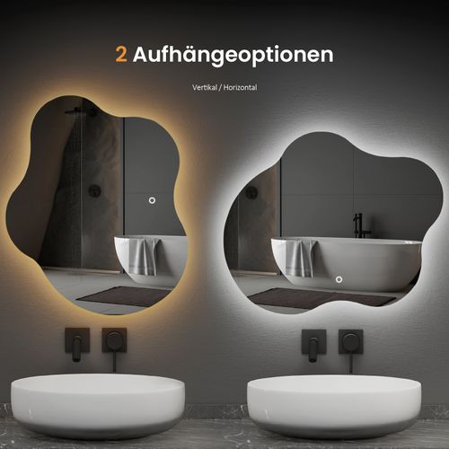 Miroir LED Salle De Bain Sans Cadre 60x50cm Tactile Anti Buée Design 3 Couleurs Forme Artistique