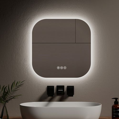 Miroir Lumineux Salle De Bain Carré 50x50cm Sans Cadre Tactile Anti Buée 3 Couleurs De Lumière