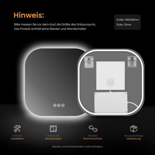 Miroir Lumineux Salle De Bain Carré 50x50cm Sans Cadre Tactile Anti Buée 3 Couleurs De Lumière