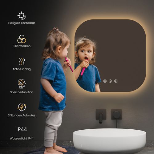 Miroir Lumineux Salle De Bain Carré 50x50cm Sans Cadre Tactile Anti Buée 3 Couleurs De Lumière