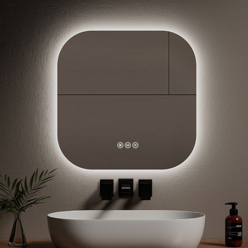 Miroir Lumineux Salle De Bain Carré 60x60cm Sans Cadre Tactile Anti Buée 3 Couleurs De Lumière