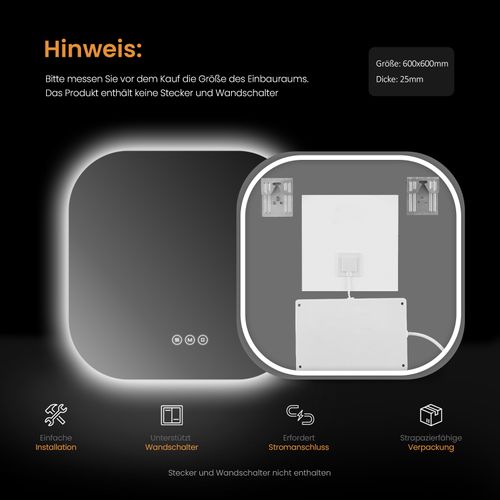 Miroir Lumineux Salle De Bain Carré 60x60cm Sans Cadre Tactile Anti Buée 3 Couleurs De Lumière