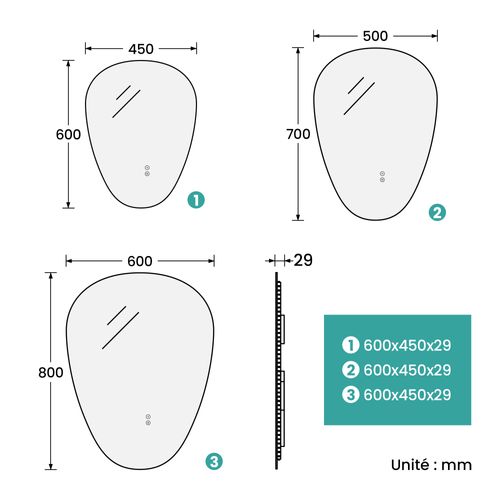 Miroir Salle De Bain LED 60x45cm Forme Goutte Anti Buée Tactile 3 Couleurs