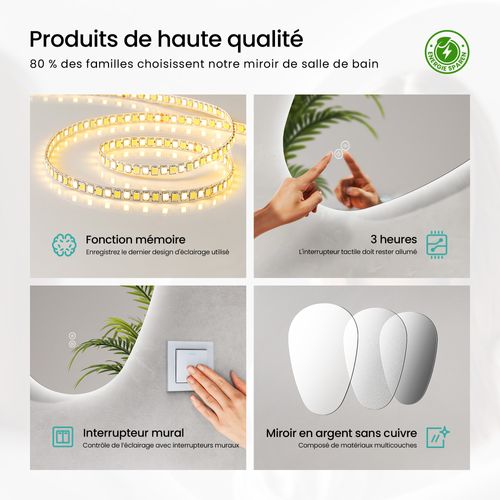 Miroir Salle De Bain LED 70x50cm Forme Goutte Anti Buée Tactile 3 Couleurs
