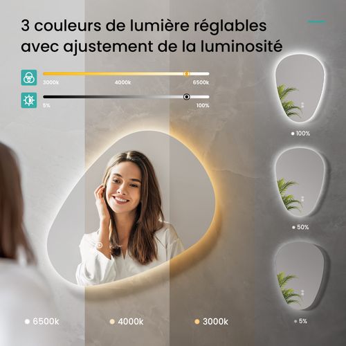 Miroir Salle De Bain LED 80x60cm Forme Goutte Anti Buée Tactile 3 Couleurs
