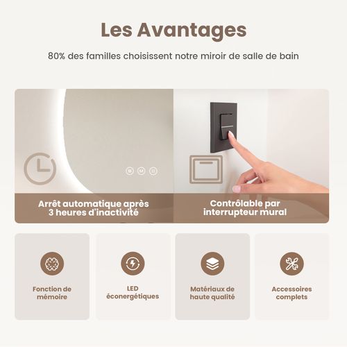 Miroir Salle De Bain LED 65x45cm Forme Goutte Anti Buée Tactile Lumière Réglable 3 Couleurs