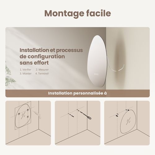 Miroir Salle De Bain LED 65x45cm Forme Goutte Anti Buée Tactile Lumière Réglable 3 Couleurs