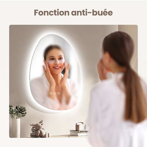 Miroir Salle De Bain LED 75x55cm Forme Goutte Anti Buée Tactile Lumière Réglable 3 Couleurs