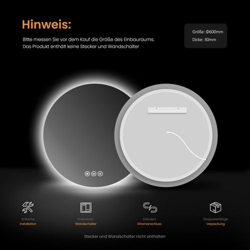 Miroir Lumineux Salle De Bain Rond 60cm Tactile Lumière Réglable 3 Couleurs