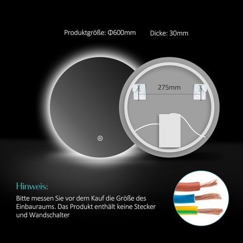 Miroir Lumineux Salle De Bain Rond 60cm Lumière Blanche Froide Tactile