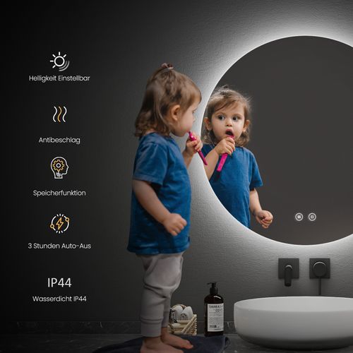 Miroir Lumineux Salle De Bain Rond 60cm Anti Buée Tactile Lumière Blanche Froide