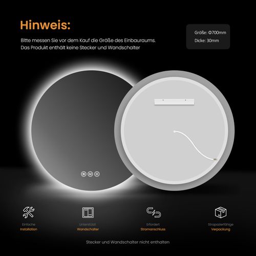 Miroir Lumineux Salle De Bain Rond 70cm Anti Buée Tactile Lumière Réglable 3 Couleurs