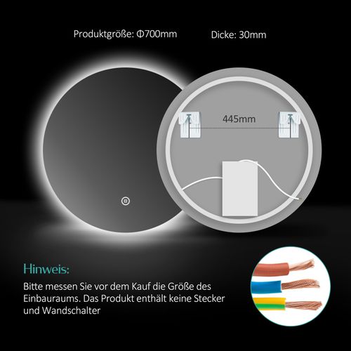 Miroir Lumineux Salle De Bain Rond 70cm Lumière Blanche Froide Tactile