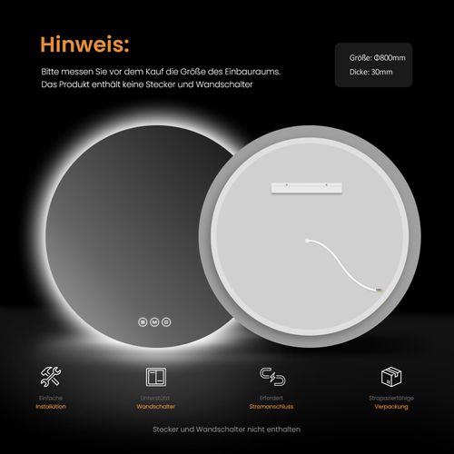 Miroir Lumineux Salle De Bain Rond 80cm Anti Buée Tactile Lumière Réglable 3 Couleurs