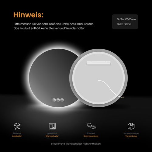 Miroir Lumineux Salle De Bain Rond 50cm Anti Buée Tactile Lumière Réglable 3 Couleurs