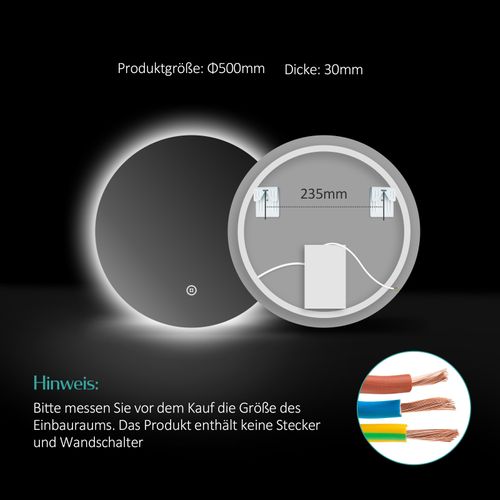 Miroir Lumineux Salle De Bain Rond 50cm Lumière Blanche Froide Tactile