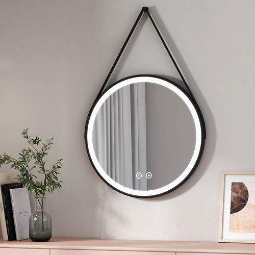 Miroir Lumineux Salle De Bain Rond 60cm Tactile 3 Couleurs De Lumières Noir Sangle Réglable
