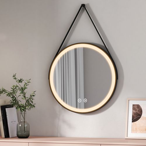 Miroir Lumineux Salle De Bain Rond 60cm Tactile 3 Couleurs De Lumières Noir Sangle Réglable