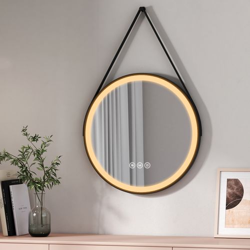 Miroir Lumineux Salle De Bain Rond 60cm Noir Anti-buée Tactile 3 Couleurs De LED Lumières