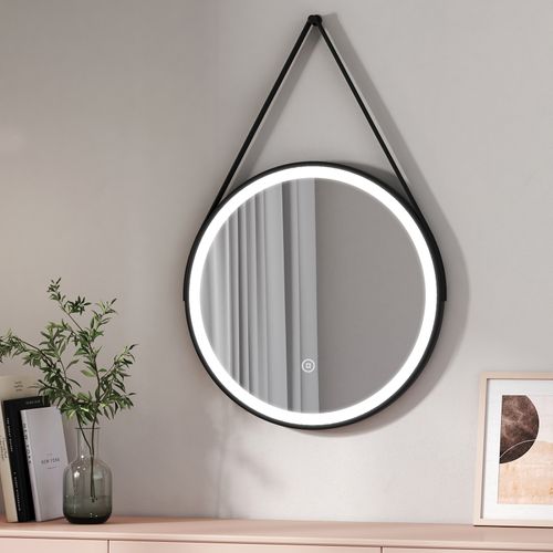Miroir Pour Salle De Bain LED Rond 60cm Cadre Noir Tactile Lumière Froide Sangle Réglable