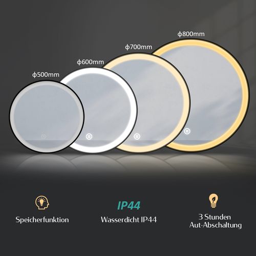 Miroir Pour Salle De Bain LED Rond 60cm Cadre Noir Tactile Lumière Froide Sangle Réglable