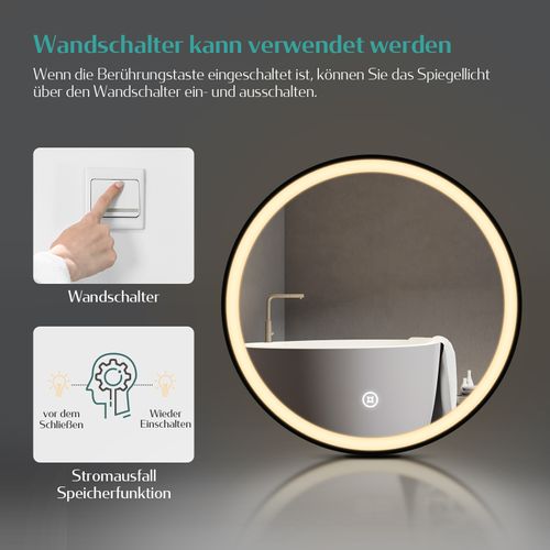 Miroir Pour Salle De Bain LED Rond 60cm Cadre Noir Tactile Lumière Froide Sangle Réglable