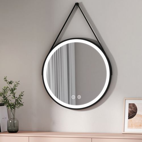 Miroir Lumineux Salle De Bain Rond 70cm Tactile 3 Couleurs De Lumières Noir Sangle Réglable