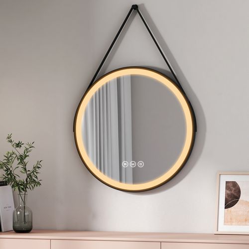 Miroir Lumineux Salle De Bain Rond 70cm Noir Anti-buée Tactile 3 Couleurs De LED Lumières