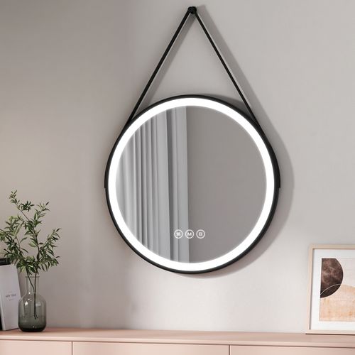 Miroir Lumineux Salle De Bain Rond 70cm Noir Anti-buée Tactile 3 Couleurs De LED Lumières