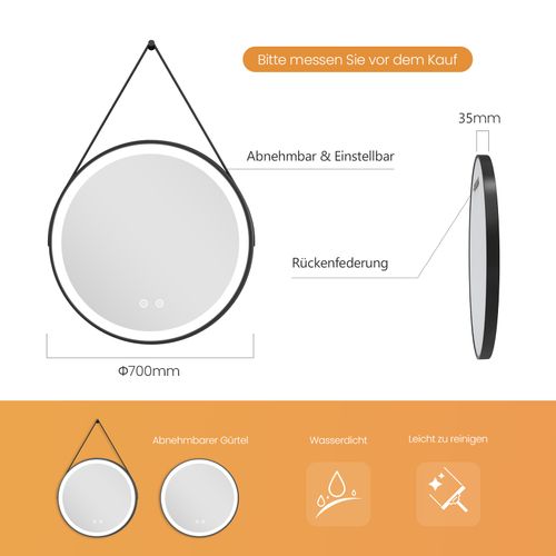 Miroir Pour Salle De Bain LED Rond 70cm Anti-buée Lumière Froide Sangle Réglable