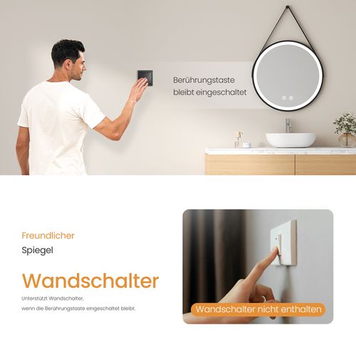Miroir Pour Salle De Bain LED Rond 70cm Anti-buée Lumière Froide Sangle Réglable
