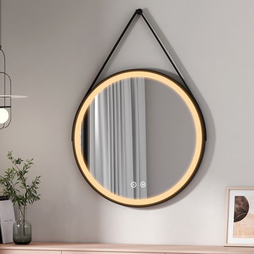 Miroir Lumineux Salle De Bain Rond 80cm Tactile 3 Couleurs De Lumières Noir Sangle Réglable
