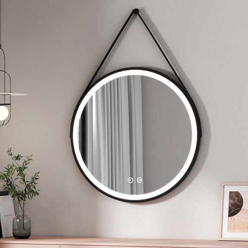 Miroir Lumineux Salle De Bain Rond 80cm Tactile 3 Couleurs De Lumières Noir Sangle Réglable