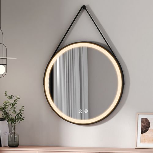 Miroir Lumineux Salle De Bain Rond 80cm Tactile 3 Couleurs De Lumières Noir Sangle Réglable