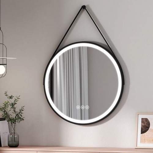 Miroir Lumineux Salle De Bain Rond 80cm Noir Anti-buée Tactile 3 Couleurs De LED Lumières
